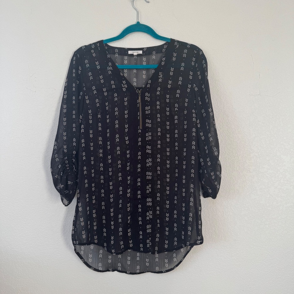 Maurices Black Arrow Pattern Sheer Tunic Top Shirt Womens Size S Quarter Sleeve